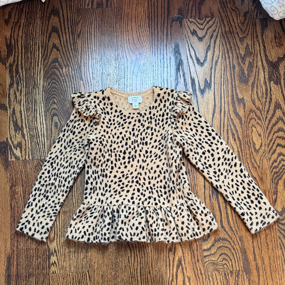 Crown & Ivy kids Tan Leopard-Print Ruffle Hem Long Sleeve Top